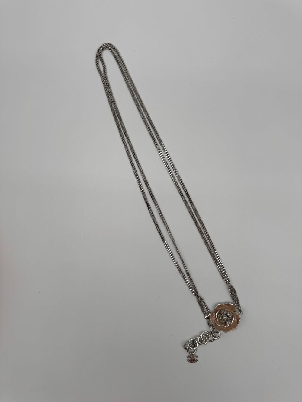 Chanel 04P Camellia CC Charm Silver Tone Chain Belt Pink Enamel Vintage
